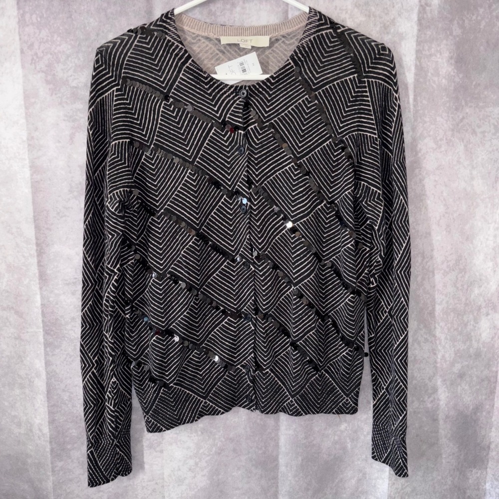 NWT LOFT Womens Medium Sequin Geometric Chevron Cardigan Sweater Black Tan